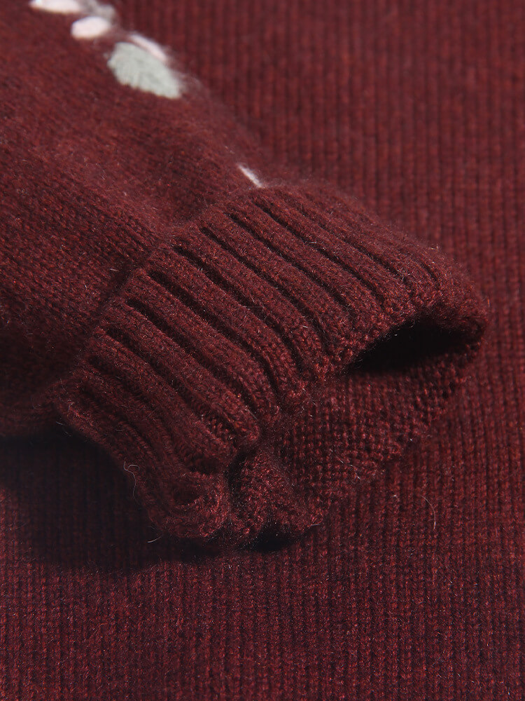 Kids Burgundy Floral Embroidered Cashmere Pullover Sweater